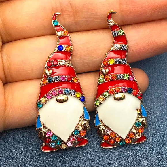 Santa Gnome Playful Multi-Color Crystal & Enamel Stud Earrings - Picture 3 of 4